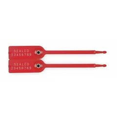 Plastic tote seals with a 3-inch strap length and 11/16-inch strap width. Hot-stamped marking reads 'Sealed' and includes sequential numbers for identification. Supplied in a 1,000-pack. Used to secure totes, bins, and containers during transport or storage, providing tamper evidence.