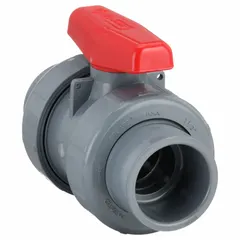 This SPEARS manual two-way ball valve is made of CPVC with a straight three-piece body and a tee handle. Rated for a maximum pressure of 235 psi (CWP), it is used to start, stop, or redirect flow in CPVC piping systems, commonly applied in water treatment and chemical processing.