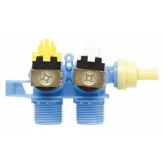 This valve controls water flow into washing machines and dryers, managing fill cycles and helping prevent leaks. It is a direct replacement part for use in residential and commercial laundry appliances.