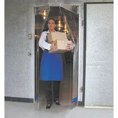 This TMI insulated swinging door features two clear PVC panels, each 5 ft wide by 7 ft high, with an integrated PVC window. It includes bumpers and mounting hardware for installation; door seals are sold separately. Typical applications include separating temperature-controlled zones in warehouses, cold storage, and manufacturing facilities while maintaining visibility and traffic flow.