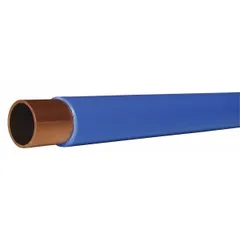This 1-inch Type K copper tubing is supplied in a 100-foot coil with a blue polyethylene coating for corrosion resistance. It is suitable for plumbing applications requiring durable, corrosion-resistant lines, including underground or exposed installations.