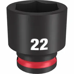 This 3/8" drive impact socket features a 22 mm metric, 6-point design. It is constructed for use with impact tools in fastening and loosening nuts and bolts in automotive, construction, and industrial applications.