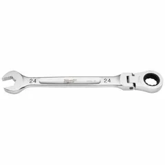 This 24 mm metric 12-point ratcheting combination wrench is made of steel with a chrome finish. It has a 12 1/2 in overall length. The ratcheting box end enables faster fastener turning in confined spaces, suitable for general mechanical assembly and maintenance tasks.