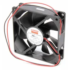 Standard square axial fan with polybutylene terephthalate blade and housing. Operates on 12V DC, delivers 45 cfm at 0.000 in static pressure. Features lead wires and IP20 rating. Used for cooling and ventilation in electronic enclosures, control panels, and small equipment.