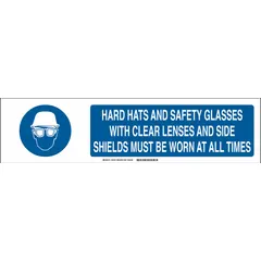 Aluminum sign slider insert with white background and blue legend. Measures 6 in x 23-7/8 in, not retroreflective. Used to communicate mandatory PPE requirements in areas where head and eye protection are required.
