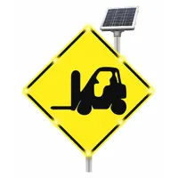 This diamond-shaped sign is constructed from 0.08 in thick aluminum with diamond-grade retroreflective sheeting. It features solar-powered flashing LEDs and includes installation tools. Designed for use in industrial facilities to alert pedestrians and vehicle operators to forklift traffic zones