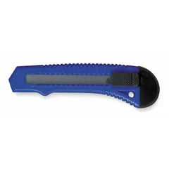 This 18mm snap-off knife features a black, textured, contoured plastic handle and stores one blade with seven segments. The blade can be advanced and snapped off to expose a fresh cutting edge without tools. Suitable for cutting sheet materials such as drywall, cardboard, and plastic strapping in construction, warehousing, and packaging tasks.