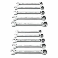 This 10-piece set includes standard SAE combination wrenches with 12-point ratcheting box ends. Made from alloy steel with a full polish chrome finish, the wrenches are used for tightening and loosening fasteners in automotive, industrial, and mechanical applications. The ratcheting design enables faster work in confined spaces without repositioning the tool.