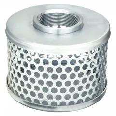 This suction strainer features a steel body with round perforations on the side. It has a 2-inch female NPT connection. Used in suction lines to filter debris from fluids, protecting pumps and downstream equipment in industrial fluid systems.