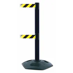 This retractable belt post barrier features a black plastic post with a rubber base and a 7 1/2 ft black/yellow belt with a chevron pattern and no legend. It is used to cordon off areas, guide pedestrian traffic, or mark restricted zones in industrial facilities, warehouses, and public spaces.