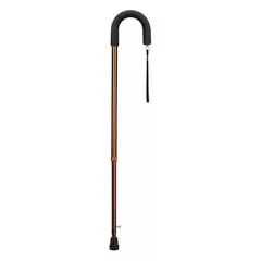 Single-tip adjustable cane with a standard foam handle and aluminum construction in a bronze finish. Adjustable overall height from 30 inches to 39 inches. Suitable for mobility support and balance assistance in home, clinical, or rehabilitation settings.