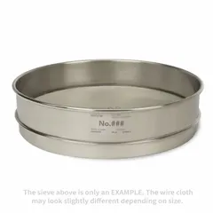 This test sieve features a stainless steel frame and stainless steel screen cloth with US Standard #14 mesh size. It has a 12-inch outside diameter and 3-inch height, conforming to ASTM E11 standards. Used for particle size analysis and material classification in laboratory and industrial settings.