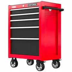 This light-duty rolling tool cabinet from CRAFTSMAN measures 26-1/2 inches wide by 18 inches deep by 37-1/2 inches high and features five drawers. The red and black finish provides a professional appearance. Suitable for organizing and transporting tools in workshops, garages, and job sites.