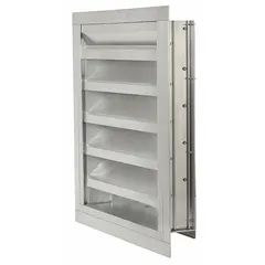 This flanged combination damper and louver features drainable blades for weather protection. Constructed of aluminum, it is rated for a maximum air velocity of 3,000 fpm. Suitable for use in commercial HVAC systems where airflow control and water ingress prevention are required.