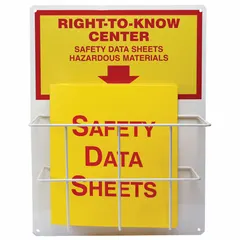 Red wall-mount safety unit for displaying notices, procedures, or compliance documents. Overall dimensions: 20 in height, 15 in width, 6 3/4 in depth. Mounting hardware not included.