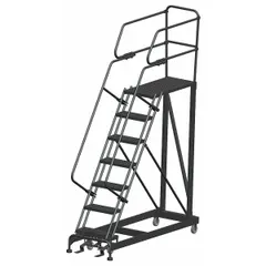 This manual-lock rolling platform provides a stable elevated work surface for maintenance, assembly, and warehousing tasks. It features a fixed platform height of 5.8 ft, a 24 in x 36 in steel deck, handrails, and a foot-activated step lock for secure positioning. Load capacity is 800 lb. Color is gray. Not foldable.