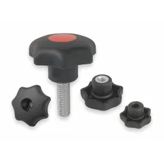 7-arm knob with threaded stud for manual adjustment and clamping. Plastic body with steel thread insert. 40 mm diameter, 5/16"-18 thread size, 40 mm thread length. Suitable for jigs, fixtures, and workholding where frequent repositioning is required.