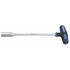 This metric nut driver features a solid round shank and T-handle design for turning hex nuts and bolts. It has a non-magnetized tip and is tether ready for tool retention in confined spaces. Suitable for industrial assembly, maintenance, and repair tasks.