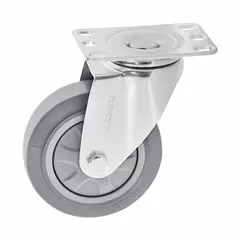 Swivel plate caster with steel frame and rubber wheel, rated for 250 lb maximum load. Designed for clamp-on pipe systems to add mobility to workstations, material handling carts, and modular pipe frameworks.