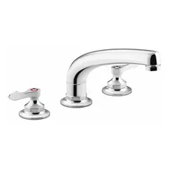 Brass widespread kitchen faucet with chrome finish. Designed for deck mounting with three mounting holes. Suitable for residential or commercial kitchen sink areas requiring a three-hole installation.
