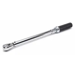 This non-insulated micrometer torque wrench has a 1/2 in drive and a torque range of 30 ft-lb to 250 ft-lb. It measures 24-1/4 in overall length. Used for tightening fasteners to precise torque values in automotive and mechanical assembly applications.