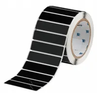 Polyester, black (gloss) precut label roll with 250 labels per roll, each measuring 3/4 in x 3 in. Compatible with THT printer series. Used for labeling control panels, electrical enclosures, and industrial equipment