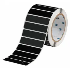 Polyester, black (gloss) precut label roll with 250 labels per roll, each measuring 3/4 in x 3 in. Compatible with THT printer series. Used for labeling control panels, electrical enclosures, and industrial equipment.