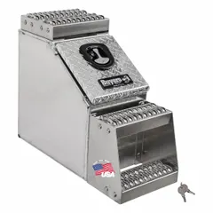 Aluminum step box with silver diamond-plate finish. Features a keyed lock and T-handle compression latch. Overall depth 28 in, height 24 in. Mounts to service truck side for tool storage; drop-down door serves as step for bed access.