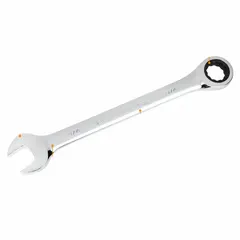 Alloy steel wrench with full polish chrome finish. 12-point ratcheting box end for faster fastener turning without repositioning. 3/4 in head size. Suitable for tightening and loosening fasteners in automotive, industrial, and mechanical applications.