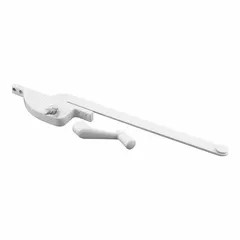 This left-hand window operator is designed for casement windows, featuring a 4-inch base length and a powder-coated white finish. It mounts on the window frame and includes a crank handle for opening and closing the sash. Suitable for residential and light commercial applications.