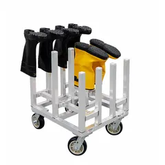 This mobile boot drying and storage rack is constructed of aluminum with a gray finish. It accommodates up to 6 pairs of boots and includes wheels for easy relocation. Suitable for use in industrial environments where boots require drying and organized storage.