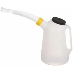 This 5-quart translucent measuring container features a flexible pour spout for controlled dispensing. With an 8-inch diameter and 11 1/4-inch height, it allows clear level visibility. Commonly used in automotive, industrial maintenance, and workshop settings for measuring and pouring oils, coolants, and other fluids.