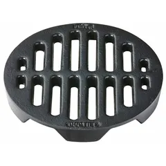 This round ductile iron floor drain grate is designed for Class A light-duty drainage applications. It features a Duco-Coated finish in a tan/brown color, with an overall diameter of 7-7/8 inches and a height of 1 inch. Suitable for low-traffic indoor areas such as basements and laundry rooms.