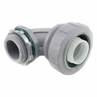 This plastic liquid-tight conduit fitting is a 90° non-insulated connector with a 1 in trade size. It features a 1" MNPT connection and is made of gray nylon. Rated NEMA 4X, it is used to connect nonmetallic conduit to boxes and enclosures in wet or corrosive environments