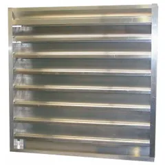 This combination damper and louver features drainable extruded aluminum blades and a hat channel frame. It is designed for HVAC systems requiring both airflow control and weather protection, with a maximum air velocity of 3,500 fpm. Suitable for commercial and industrial ventilation applications where air regulation and water ingress prevention are needed.