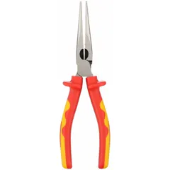 Insulated needle-nose pliers with serrated jaws for secure gripping. Overall length 8 1/8 in, jaw length 2 7/8 in, max jaw opening 2 1/4 in. Suitable for electrical work and precision tasks in confined spaces.