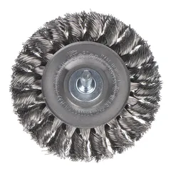 This brush features a 3 1/4" diameter, 3/8" width, 1/4" shank, and 0.014" twisted stainless steel fill. It is designed for heavy cleaning of contoured stainless steel surfaces, such as removing weld discoloration, rust, and scale without contaminating the workpiece. The twisted stainless steel fill provides aggressive action on irregular shapes in metal fabrication and maintenance applications.