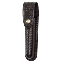 Black leather flashlight pouch with basket weave pattern and snap closure. Designed for belt carry of standard flashlights in duty equipment setups. Suitable for security and law enforcement personnel requiring secure flashlight storage.