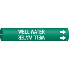 Snap-on pipe marker for identifying well water lines. Green background with white legend and directional arrows. Fits pipe outer diameters from 3/4 to 1-3/8 inches. Supplied as a single marker.