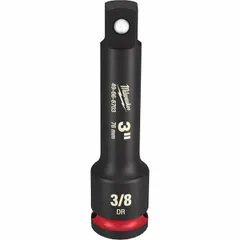 This 3/8" drive impact socket extension extends the reach of impact wrenches and socket sets for fastening or loosening bolts in tight or recessed areas. With a 3" overall length and standard type, it is suitable for automotive repair, construction, and industrial maintenance applications requiring impact-rated tools.