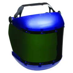 This welding face shield features a reusable, uncoated acetate visor measuring 7 inches in height and 19 inches in width. The blue headgear and integrated chin guard provide protection during grinding, cutting, and chemical handling tasks.