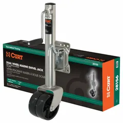 This CURT trailer jack features a sidewind handle and bolt-on mounting for easy installation. With a wheel base, it allows for maneuvering on level ground. Maximum lift height is 23 inches, and static load capacity is 1,500 lb. Suitable for light-duty trailers such as boat trailers.