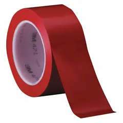 Solid red vinyl tape for color-coded aisle marking, hazard identification, and area delineation. Measures 3 inches wide by 108 feet long with 5.2 mil thickness. No message legend. Suitable for marking safety zones, equipment boundaries, and walkways in industrial facilities.