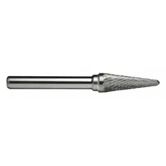 Double-cut ball-nosed cone bur with a 3/8" x 1 1/16" head and 1/4" shank. Designed for material removal, deburring, and shaping on ferrous and non-ferrous metals in metalworking and fabrication applications.