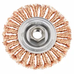 This twisted bronze wire wheel brush is designed for heavy cleaning on hard metals. It removes rust, scale, and weld splatter without generating sparks, suitable for use in hazardous environments. The brush has a 4" diameter, 1/2" width, 5/8"-11 arbor, and 0.02" fill.