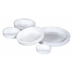 White plastic end caps designed to seal round mailing tubes, protecting contents during shipping or storage. Each cap has a 5-inch diameter. Sold in a 100-pack.