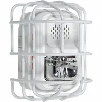 Steel wire cage guard for indoor wall-mount protection of L Series horns/strobes against vandalism and accidental damage. White finish, surface-mount design with included mounting hardware. Overall depth 4 in, overall length 6 3/16 in. Does not include alarm