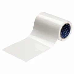 Clear acrylic laminate roll with permanent adhesive, measuring 4 3/8 inches high by 6 3/8 inches wide. Used as a protective overlaminates for labels in industrial environments, shielding against abrasion, chemicals, and moisture.