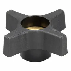 This quick-release 4-arm knob features a plastic body with a brass threaded insert. It has a 2.46 in diameter and a 1/2"-13 thread size. Used for manual clamping, positioning, and adjustment on industrial machinery, jigs, and fixtures.