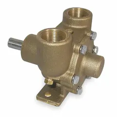 Pedestal-mount flexible impeller utility pump with brass body and Buna-N impeller. Requires 1 hp motor, delivers up to 20.5 gpm. Features 1-inch NPT inlet and outlet connections. Suitable for transferring water-based liquids and mild chemicals in general fluid handling applications.